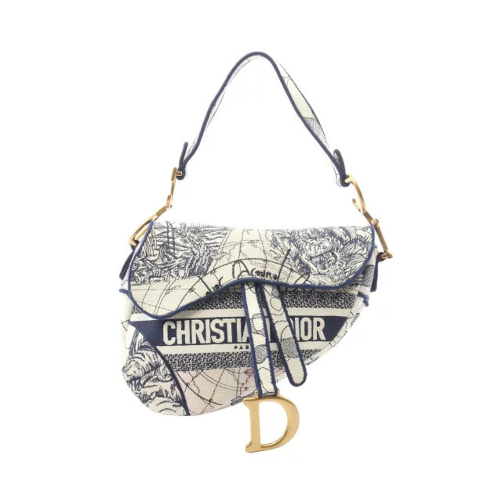Christian Dior Saddle Bag Toile de Jouy Handbag Canvas Ivory White Navy Blue